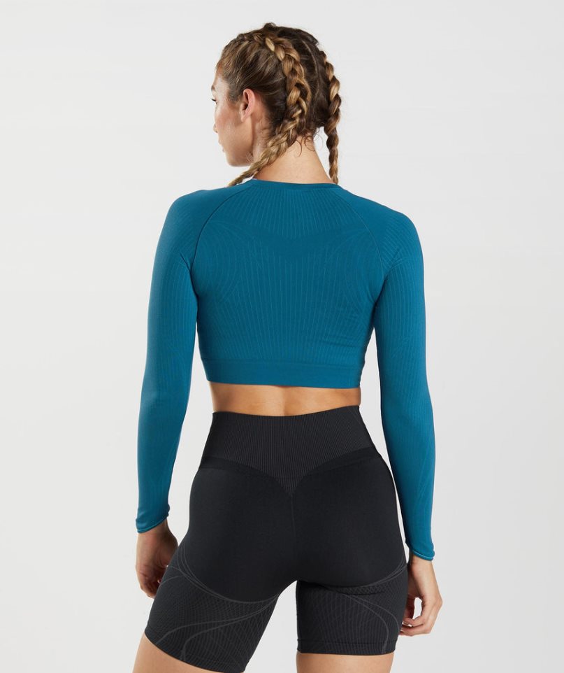 Women's Gymshark Apex Seamless Cropped Tops Blue | NZ 9CUWEY